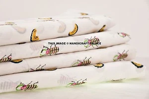 2.5 Yard Worms Printed Indian Cotton White Fabric Bohemian Dress Material Decor - Picture 1 of 1