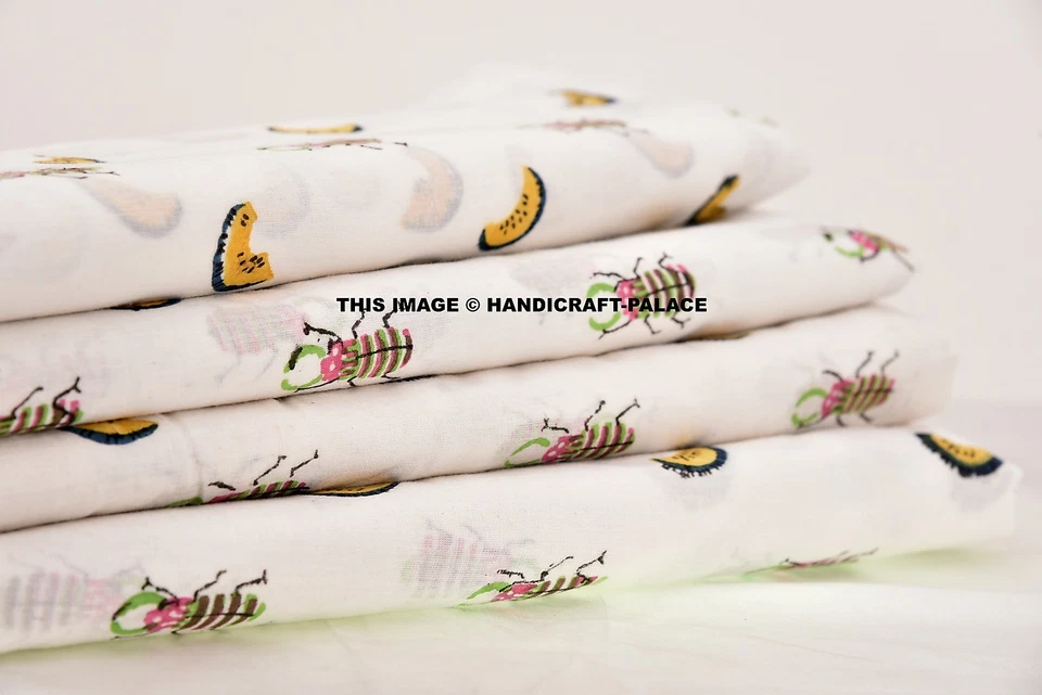 2.5 Yard Worms Printed Indian Cotton White Fabric Bohemian Dress Material Decor - Image 1 of 1
