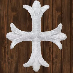 White Patonce Fleury Cross Embroidered Patch — Iron On - Picture 1 of 1