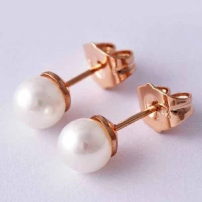 Hermosos Nuevos Pendientes de Perla de 6 mm Llenos de Oro Rosa Blanco Brillante  Foto 1 de 4