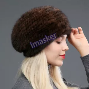 Damen Echt Nerz Pelzmütze Baskenmütze Winter Warm Beanie Mütze Kopfbedeckung Braun Wein Schwarz - Bild 1 von 33