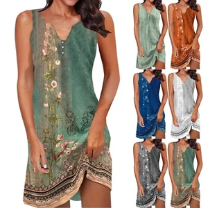 Womens Summer Dress Casual Button Down V Neck Sleeveless Boho Floral Beach Dress - Picture 1 of 42