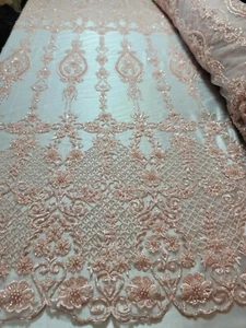 Blush Beaded Lace Floral Flowers Embroidered Sequin Fabric By The Yard Bridal  - Picture 1 of 10