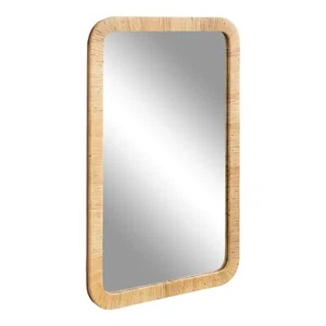 Rahfy Boho Rectangle Rattan Wall Mirror 24 x 36 Natural Wood Decorative Round... - Picture 1 of 9