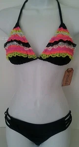 MUDD Swimsuit 2 Piece Bikini Set Ruffled Tiered Top Black Solid Bottom S - Picture 1 of 4