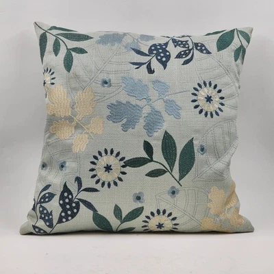 Decorative Down Throw Pillow 20"x20" Blues Embroidered Floral Leaf Cotton Canvas - Image 1 of 4
