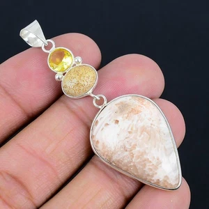 Scolesite Citrine 925 Silver Plated Handmade Pendant of 2.6" - Picture 1 of 3