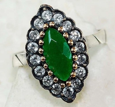 Ottoman Empire Style 1CT Treated Emerald 925 Sterling Silver Ring Sz 7.5 Z1-1 - Image 1 of 3