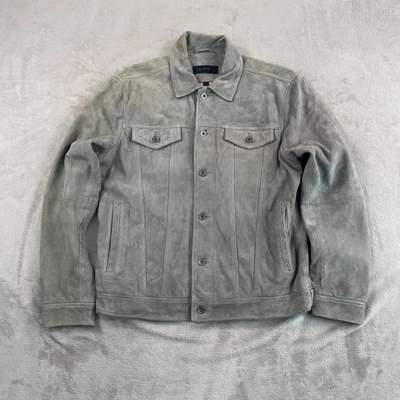 John Varvatos Andrew Trucker Jacket Men Large Grey Goat Suede Designer $698 - Image 1 of 4