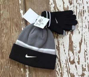 Nike Youth Kids Swoosh Black Gray & White Winter Hat & Glove Set - Picture 1 of 5