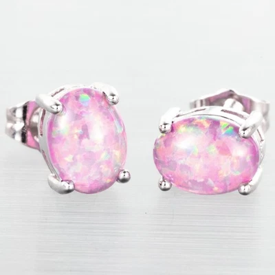 6x8 Oval Lavender Purple Fire Opal Cabochon Silver Jewelry Stud Earrings - Image 1 of 4