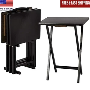 Black Folding Tray Table Set W/ Storage Rack 4 Trays 15x19x26"Dimensions New - Picture 1 of 6