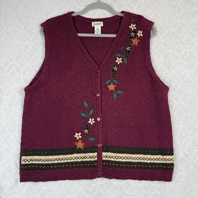 Vtg Sweater Vest Womens XL Burgundy Floral Embroidered Knit Grandma Cottage Boho - Image 1 of 4