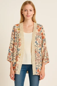 Umgee Kimono Size Small Medium Open Front Tan Floral Cottage Boho Shrug Artsy - Picture 1 of 11