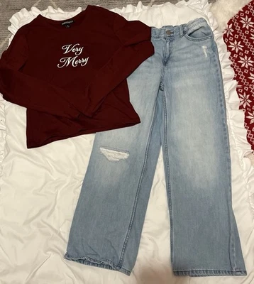 Jeans para niñas Wonder Nation talla 14 y camisa muy feliz Navidad talla XL #1733 Foto 1 de 4