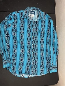 Vintage 90s Herren XL Wrangler Western Pearl Snap Langarm Hemd Blau Azteken   - Bild 1 von 5