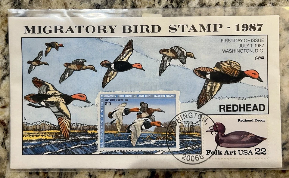 1987 Federal Duck Stamp FDC– $10 Redhead Duck – Collins Cachet – Migratory Bird - Image 1 of 1