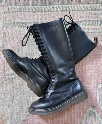 Dr Martens Knee High 20-Eye Leather Boots Black Women Tall Lace Up USA 7 - Image 1 of 4