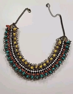 Colorful Boho Bib Necklace Chain Yellow Orange Turquoise Ribbons - Picture 1 of 7
