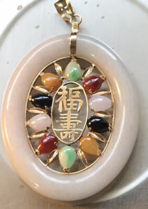 Vintage 14k 585 Gold Oval Multicolor Jade Chinese Characters Pendant 2 1/2''