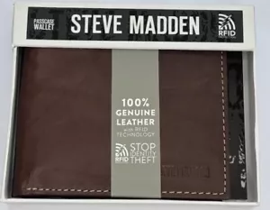 STEVE MADDEN MENS BROWN  LEATHER BIFOLD  PASSCASE WALLET IN GIFT BOX RFID - Picture 1 of 5