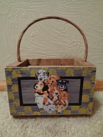 Small Wooden Basket with Picture of Nine Different Breeds of Dogs on One Side Cover