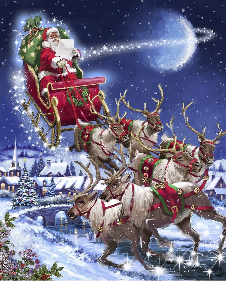 Santa Sleigh Team USA Christmas Fabric Snow Digital Cotton David 35.5"X44" Panel - Image 1 of 1