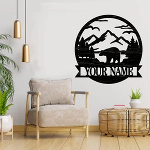 Personalized Bear in Mountains Family name sign, Wood plaque sign,wood Crafts - Picture 1 of 6