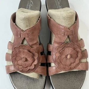Clark’s Women’s Leather Bendable Sandals Floral Slip On Comforter Rose Pink 9.5M - Picture 1 of 12