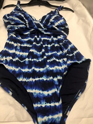 Tommy Bahama Tide Stripe Women One P. Cross- Front Swimsuit Mare Navy Sz 12 - Image 1 of 2