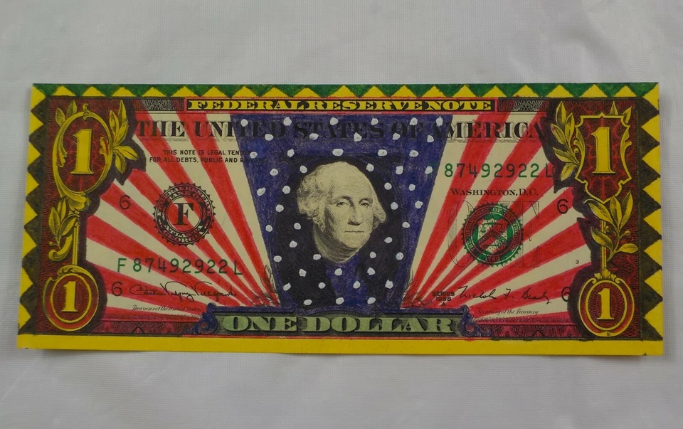 Billete de dólar vintage de medios mixtos Dawn of the American Flag graffiti Foto 1 de 3