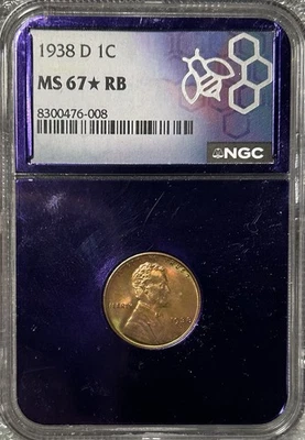 1938 D Lincoln Wheat Cent NGC MS67* RB STAR TONER BEAUTY COIN! BX20-5 - Image 1 of 4