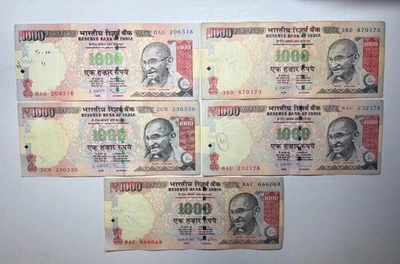 India 1000 Rupees 2009-14 Set of 5 Banknotes Great Condition World Currency - Image 1 of 2
