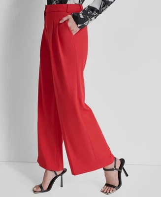 Pantalones para mujer DKNY Petite The Mercer talle alto plisados pierna ancha rojos talla 6P Foto 1 de 4