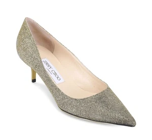 JIMMY CHOO Aza Lame Pointed Toe Kitten Heel Pumps 38 Light Bronze Gold Glitter - Picture 1 of 11