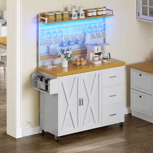 64.5" Kitchen Island Portable Storage Cabinet Large Baker Rack Cart with Outlet - Picture 1 of 10