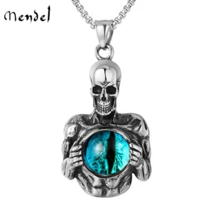 MENDEL Mens Punk Evil Eye Biker Skeleton Skull Pendant Necklace Stainless Steel - Picture 1 of 5