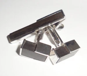 VINTAGE SWANK CUFFLINKS TIE BAR SET WOOD INSERT DESIGN - Picture 1 of 7