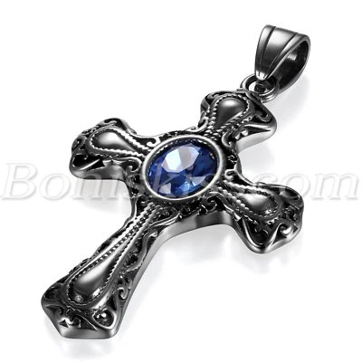 Stainless Steel Cross Blue Glass Inlay Pendant Men's Vintage Necklace Chain Gift - Image 1 of 4