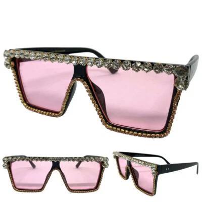 Elegante Elegante Moderno Retro Gafas de Sol Marco Negro Lente Rosa Estrás Brillante Foto 1 de 4