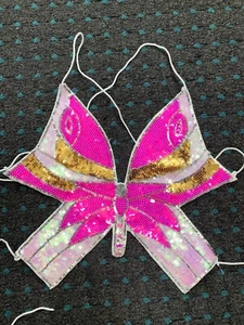New Women's Pink Sequin Butterfly Crop Top Backless Rave Party Festival Bling - Picture 1 of 8