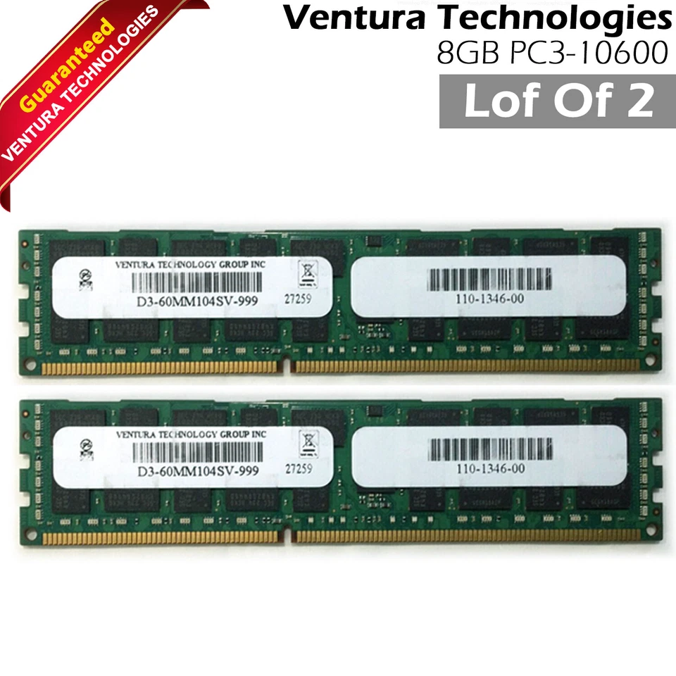 Lote X 2 Memoria RAM Ventura D3-60MM104SV-999 2X8GB PC3-10600 ECC 2Rx4 110-1346-00 Foto 1 de 4