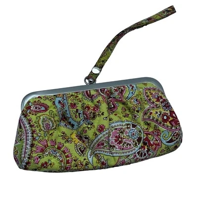 Vera Bradley 100% Silk Green Pink Paisley Flower Wristlet Clutch Purse 4”x7” - Image 1 of 4