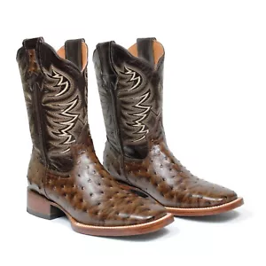 Men's Leather Cowboy Boots Ostrich Print Faux Rodeo Square Toe Botas Vaqueras - Picture 1 of 7