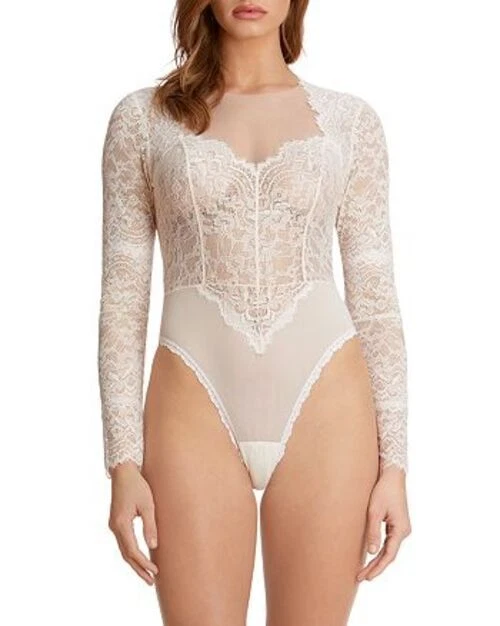 Monique Lhuillier X Hanky Panky Women's Tresor Long Sleeve Lace Bodysuit White S - Image 1 of 1