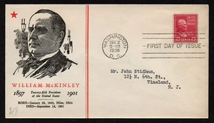 USA, SCOTT # 829, LINPRINT FDC COVER 1938 PRESIDENT WILLIAM McKINLEY, ADDRESSED - Picture 1 of 1