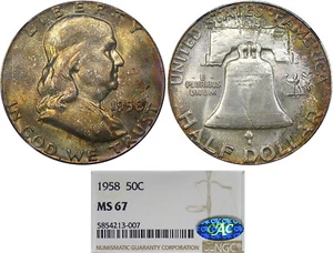 1958 50C NGC / CAC MS67 FRANKLIN ~ MINT SET COLOR & A TRUE MS67! - Picture 1 of 5