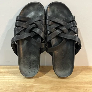 COLE HAAN  Black Leather Feathercraft Cross Strap Slide On Mens Sandals 9 Medium - Picture 1 of 11