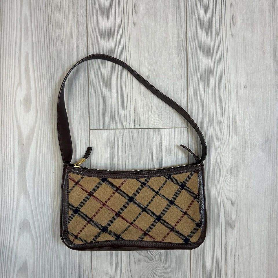 Bolsa de mão Brooks Brothers xadrez couro italiano pequena marrom e lã marrom - Imagem 1 de 4