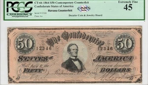 CT-66 496 1864 $50 Contemporary Counterfeit CSA Paper Money - PCGS-C XF 45 PLUS - Picture 1 of 2
